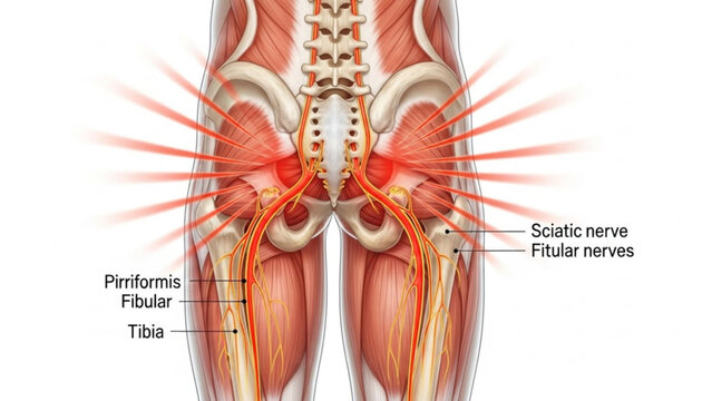 Human lower back and leg anatomy with highlighted sciatic nerve pain