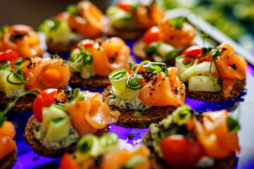 Salmon canape with cucumber on rye bread