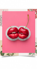 Pop art woman cartoon glossy lips. Woman holds two cherries in her open mouth teeth. Cartoon girl vector lips. Retro realistic pop art open mouth.