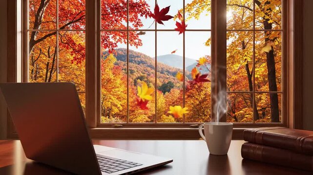 Modern interior workspace for virtual webinar or online presentation featuring a scenic window view of vibrant autumn forest foliage and fall landscape for professional video call meetings.