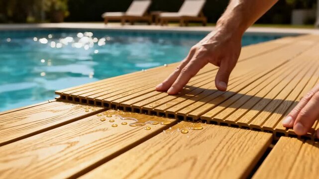 Medium shot of hands fitting composite deck boards poolside showcasing waterresistant and slipproof surfaces for safe leisure areas