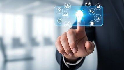 Hand touching digital light bulb interface isolated on white background.