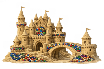 Sandcastle creation featuring colorful pebbles, intricate towers, and an arched bridge on a transparent background