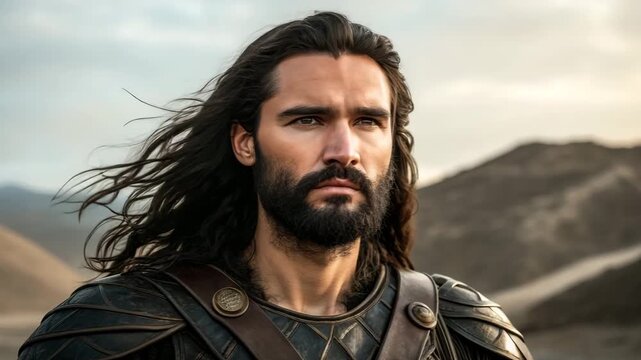 Portrait of a strong ancient warrior with long hair and a beard. A handsome hero in leather armor stands in a windy landscape. Fantasy character concept