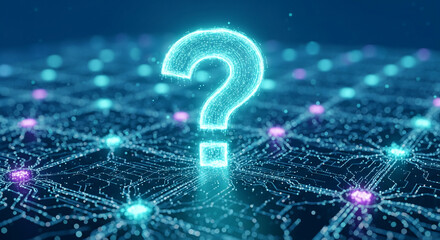 Glowing question mark on a blue abstract digital network background, representing problem solving, uncertainty, and information search concepts