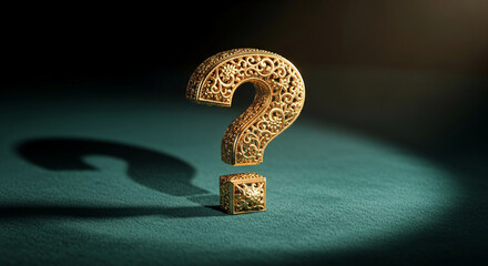 Ornate gold question mark on dark green texture, casting shadow, evokes mystery, inquiry, and intellectual curiosity, suitable for educational content