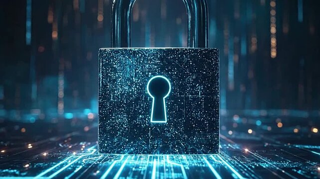 Digital padlock with glowing circuit patterns, symbolizing cybersecurity and data protection in the digital age.