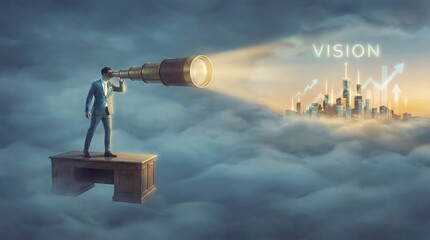 Obraz premium A telescope looking through thick fog, representing the need for clear business vision in uncertain times.