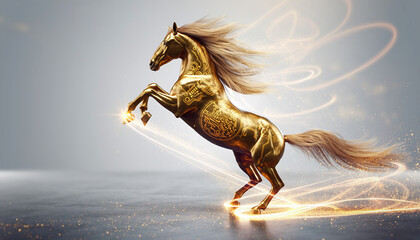 Golden Digital Horse Rearing with Luminous Trails