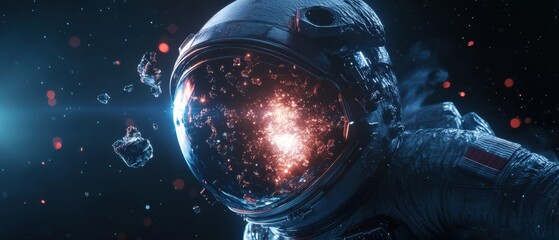Futuristic astronaut helmet shattering in space with sparkling particles