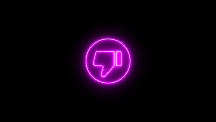 Neon purple thumbs down symbol in glowing circle on black background