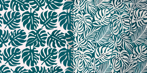A striking teal and white tropical monstera leaf patterned textile design