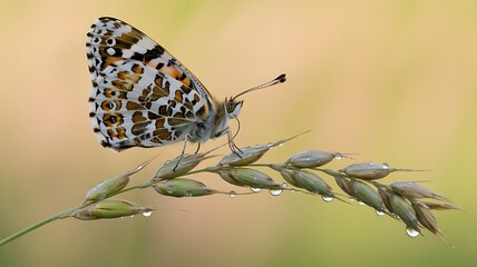 Butterfly on a dewy grass stem with water droplets insect nature outdoors animal