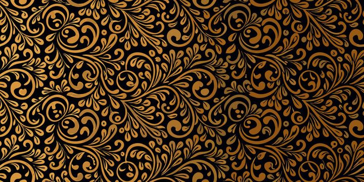 Intricate gold floral pattern on a dark black background seamless design