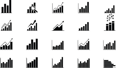 Collection of various black bar chart and graph icons on a white background