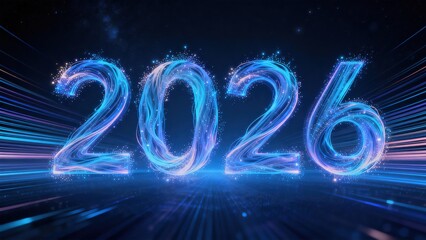 Hyper-realistic New Year 2026 futuristic poster with giant cyberpunk neon 3D text "2026" emitting glowing data chain linked to holographic countdown panel, backdrop of futuristic city nightscape with 