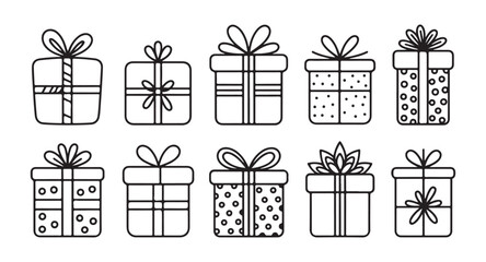 Collection of ten outline black gift boxes illustration set holiday packaging present design decorated with bow