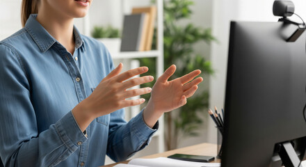 Remote business professional gesturing during video conference with copy space
