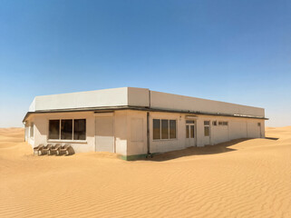 Closed shop storefront abandoned in a vast desert landscape, partially buried by sand dunes under a clear blue sky.