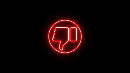 Red neon thumbs down symbol in a circle on black background