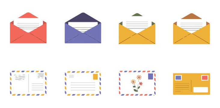 Colorful vintage postcard and mail envelope set flat design postal correspondence stationery elements