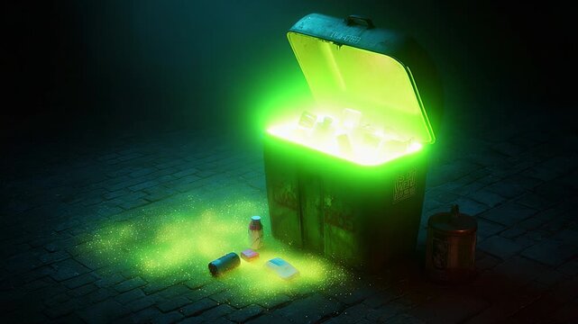 A glowing dumpster brimming with luminescent debris, partially illuminated in a dark alley, revealing an eerie but captivating scene of urban decay and mystery.