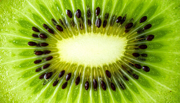 Close up of fresh kiwi fruit slice with black seeds for nutrition concept