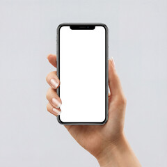 Isolated vertical smartphone mockup. A female hand with professional french manicured nails holds the device up against a clean, light grey background, ideal for direct product focus.
