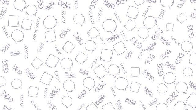Repeating pale outlines of speech bubbles, squares, and hearts icons for social media, graphic design, communication projects, and presentations.