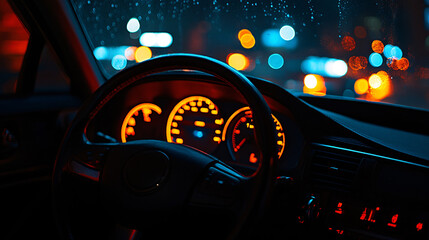 Driving at night with blurred city lights outside