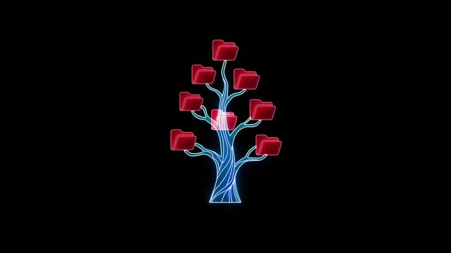 Neon Red Folder Tree Icon with Glowing Blue Trunk on Black Background symbol data