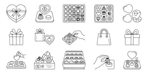 Gourmet chocolate box icons set with luxury truffle assortments and romantic gift packaging symbols