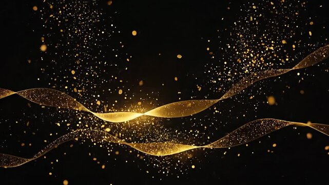 Elegant black background with flowing golden ribbons and sparkling glitter particles.
