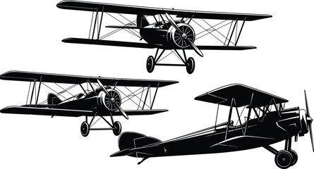 Vintage biplane silhouette set featuring early aviation aircraft with dual wings, propeller front, and historical flight design elements. © Eyaruna's World