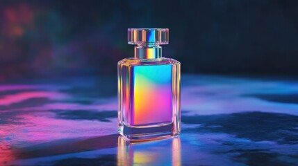 Futuristic holographic bottle with iridescent glass on abstract background for modern design