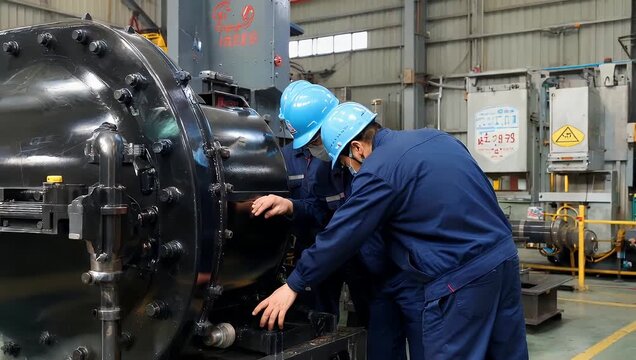 Diligent industrial engineers meticulously inspecting complex machinery within a modern manufacturing facility showcasing technical precision and