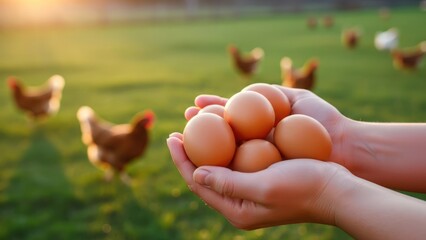 Hands cradle fresh brown eggs with free-range chickens foraging on sunlit green grass in the background