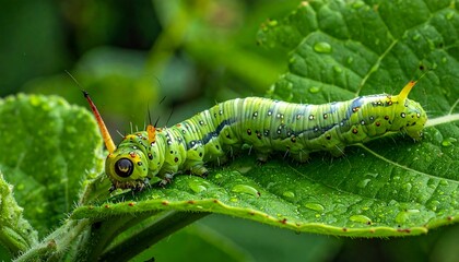 Close-up Macro of a Green Caterpillar with Orange Antennae on a Wet Leaf