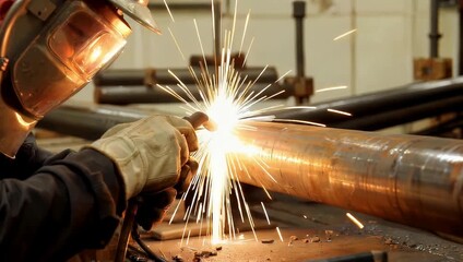 Intense industrial welding sparks fly from a metal pipe being joined by a skilled craftsman wearing protective gear in a workshop environment