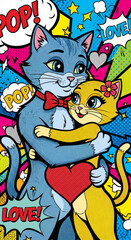 Couple in love cats characters pop art retro style.