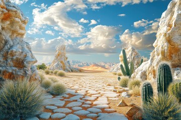Desert pathway lined with rocks and cacti under a bright blue sky with fluffy clouds