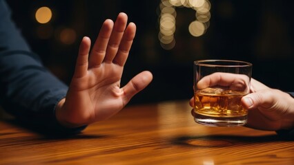 Person's hand makes stop gesture, refusing a glass of whiskey with ice offered by another hand
