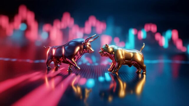 Dynamic representation of market trends with bull and bear figurines against a vibrant financial graph backdrop.