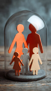 A stylized paper family sheltered under a clear glass dome, representing concepts of protection, safety, and security for loved ones in uncertain times