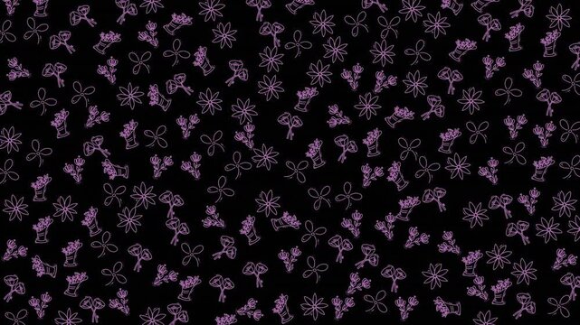 Lavender flowers, bows  shapes on a black background. Ideal for invitations, cards, and floralthemed designs. Perfect for spring.