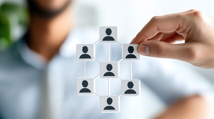 Businessman holding organizational chart icon, human resources management and corporate hierarchy concept for recruitment and team building