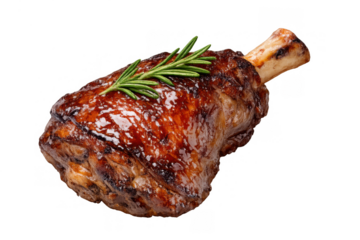 Roasted lamb shank garnished with fresh rosemary, ready to serve as a delicious gourmet meal with savory braised meat