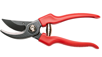 Gardening shears with red handles, isolated on white background, copy space