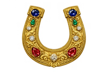 Golden horseshoe charm bringing luck and fortune, adorned with sapphire, emerald, ruby, and diamond gemstones on transparent background