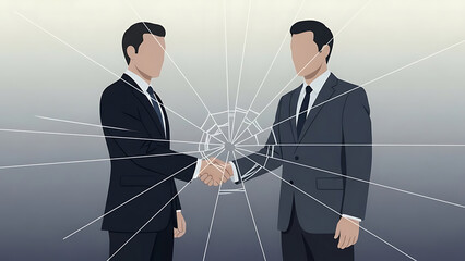 Two Businessmen Shake Hands in Front of Breakage Graphic